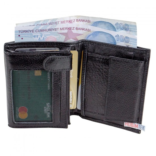 Hobimtek Erkek %100 Deri Dik Cüzdan Çift Para Bölmeli 11 Kart Alır Bozuk Para Fermuarlı