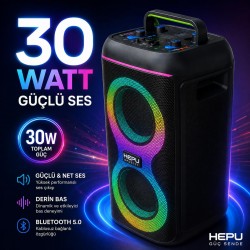 HEPU HP-S60 Partybox Bluetooth Hoparlör – 2×6.5” Hoparlör 30W Güç RGB Işık USB TF kart v e AUX girişler