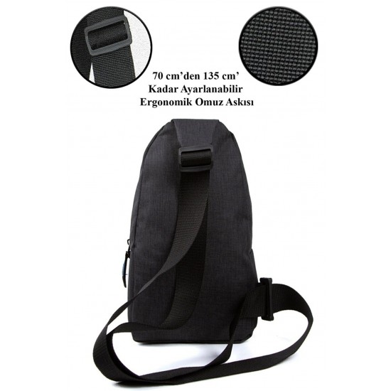 Unisex Siyah Keten Kulaklık Çıkışlı Çapraz Askılı Bel Omuz Çanta Göğüs Bodybag