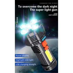 Şarjlı 5 Ledli Ultra Güçlü Profesyonel El Feneri Şarj Göstergeli Su Geçirmez COB Led Fener Işıldak Ultra Hafif