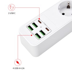 H-01 Hızlı Şarj İstasyonu 3000W 3 lü Priz 2 Metre Uzatma Kablosu Çoklu Priz 4 Usb 2 Type C Girişli On/Off Düğmeli