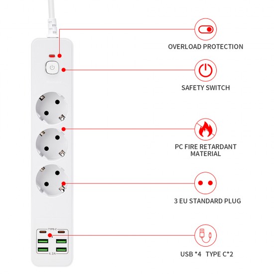 H-01 Hızlı Şarj İstasyonu 3000W 3 lü Priz 2 Metre Uzatma Kablosu Çoklu Priz 4 Usb 2 Type C Girişli On/Off Düğmeli