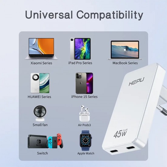 HP-C33 45 Watt Gan Şarj Adaptörü 100 Cm Kablo 2-Port Fast Charger Hızlı Şarj Seti HP-C33 45 Watt Gan Şarj Adaptörü 100 Cm Kablo 2-Port Fast Charger Hızlı Şarj Seti