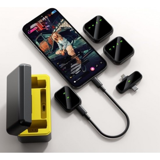 Ht-K50 Şarjlı Kablosuz İkili Yaka Mikrofonu iPhone ile Uyumlu Type-C Alıcı Gürültü Engelleme LED Ekranlı Şarj Kutusu