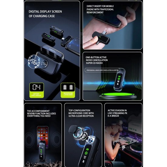 Ht-K30 Kablosuz Mikrofon Seti Dijital Göstergeli Şarj Kutulu İkili Yaka Mikrofonu iOS/Type-C Uyumlu