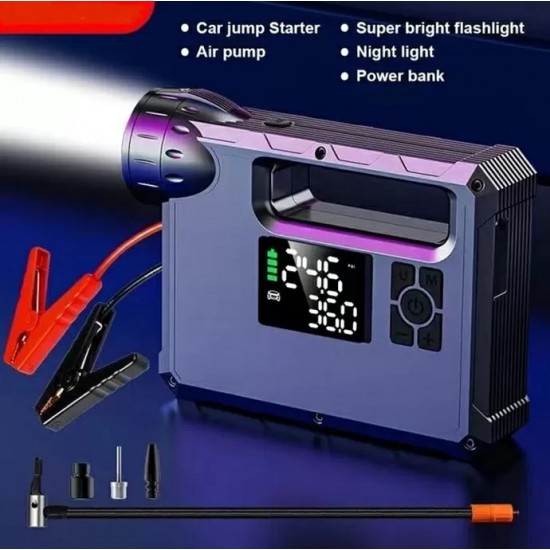 Oto Jumper Akü Şarj  Çok Fonksiyonlu Jump Starter Hava Kompresörü – 18000mAh Dijital  Powerbank  LED Fener + Lastik Şişirme