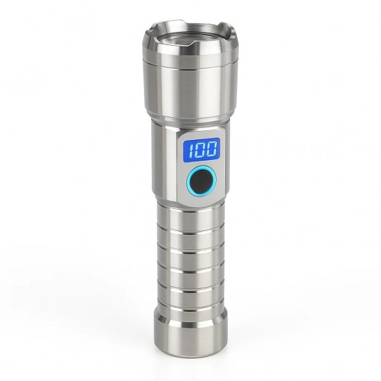M06 Metal Kasa Uzun Menzil Profesyonel LED Fener 1800 Lümen 5000 mAh Zoom 4 Mod Dijital Ekranlı  USB Şarjlı Fener Powerbank