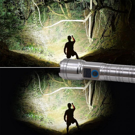 M06 Metal Kasa Uzun Menzil Profesyonel LED Fener 1800 Lümen 5000 mAh Zoom 4 Mod Dijital Ekranlı  USB Şarjlı Fener Powerbank