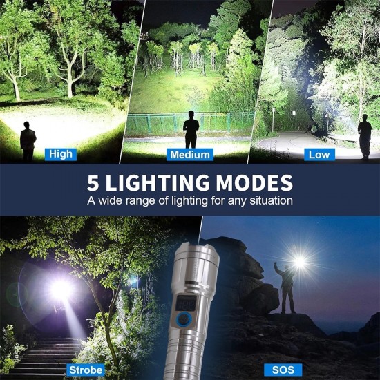 M06 Metal Kasa Uzun Menzil Profesyonel LED Fener 1800 Lümen 5000 mAh Zoom 4 Mod Dijital Ekranlı  USB Şarjlı Fener Powerbank