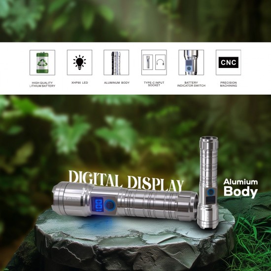 M06 Metal Kasa Uzun Menzil Profesyonel LED Fener 1800 Lümen 5000 mAh Zoom 4 Mod Dijital Ekranlı  USB Şarjlı Fener Powerbank