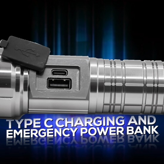 M06 Metal Kasa Uzun Menzil Profesyonel LED Fener 1800 Lümen 5000 mAh Zoom 4 Mod Dijital Ekranlı  USB Şarjlı Fener Powerbank