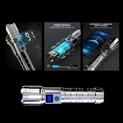 M06 Metal Kasa Uzun Menzil Profesyonel LED Fener 1800 Lümen 5000 mAh Zoom 4 Mod Dijital Ekranlı  USB Şarjlı Fener Powerbank