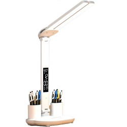 Ht-30 Çok İşlevli Şarjlı Dokunmatik LED Masa Lambası Dijital Saat Ayarlanabilir Çift Kafa Sarı Beyaz Işık Kalemlik 3 Mod