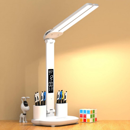 Ht-30 Çok İşlevli Şarjlı Dokunmatik LED Masa Lambası Dijital Saat Ayarlanabilir Çift Kafa Sarı Beyaz Işık Kalemlik 3 Mod