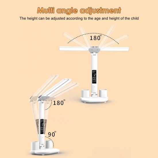 Ht-30 Çok İşlevli Şarjlı Dokunmatik LED Masa Lambası Dijital Saat Ayarlanabilir Çift Kafa Sarı Beyaz Işık Kalemlik 3 Mod