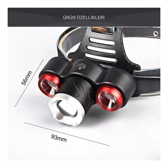 Kafa Lambası 6000 Lümen Şarjlı 3 Başlıklı Cree T6 Led Kafa Feneri Zoom Selektör Ht-632