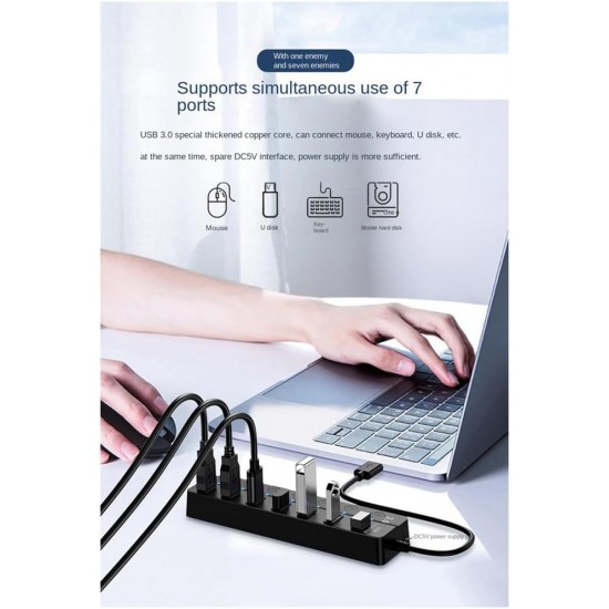 H-507 7 Port Usb 3.0 Hub Çoklayıcı Işıklı Açma Kapama Düğmeli Splitter Windows uyumlu Çoğaltıcı Switch  5 Gbps