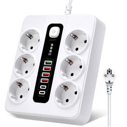 H-04 Termal Akım Korumalı 3000 W 10 Amper 6 lı Priz 2 Metre Uzatma Kablosu Çoklu Priz 4 Usb 2 Type C 18w PD Şarj